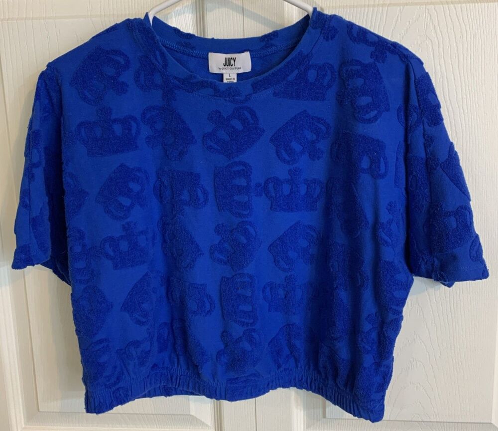 Juicy Couture Cropped Sweatshirt Women’s L Blue Pullover Top Terry Cloth Casual